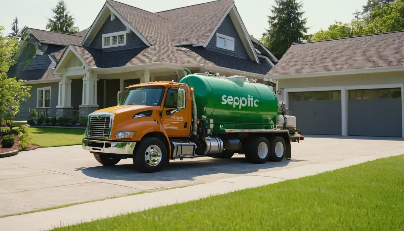 Local septic provider's pump truck parked beside a tidy home in Cincinnati while a friendly technician talks with a homeowner