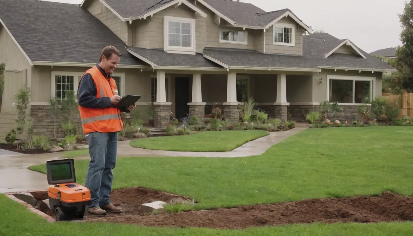 Friendly local provider talking with a homeowner beside an open sewer cleanout in a yard in the Cincinnati area